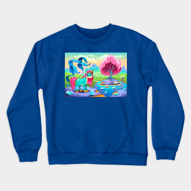 Happy unicorn in a landscape of dreams Crewneck Sweatshirt by ddraw